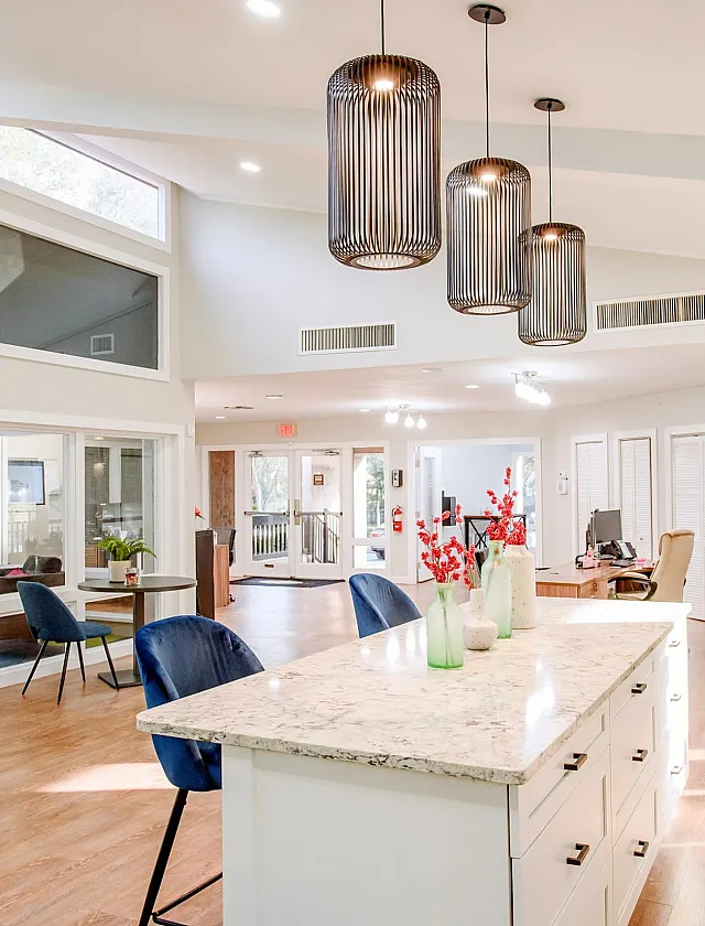 Bright open-concept living space with modern chandeliers, elegant marble kitchen island, and expansive windows for natural light.