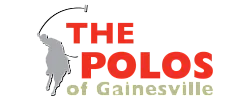 Dynamic logo for The Polos of Gainesville featuring a silhouette of a polo player with bold red and grey text.