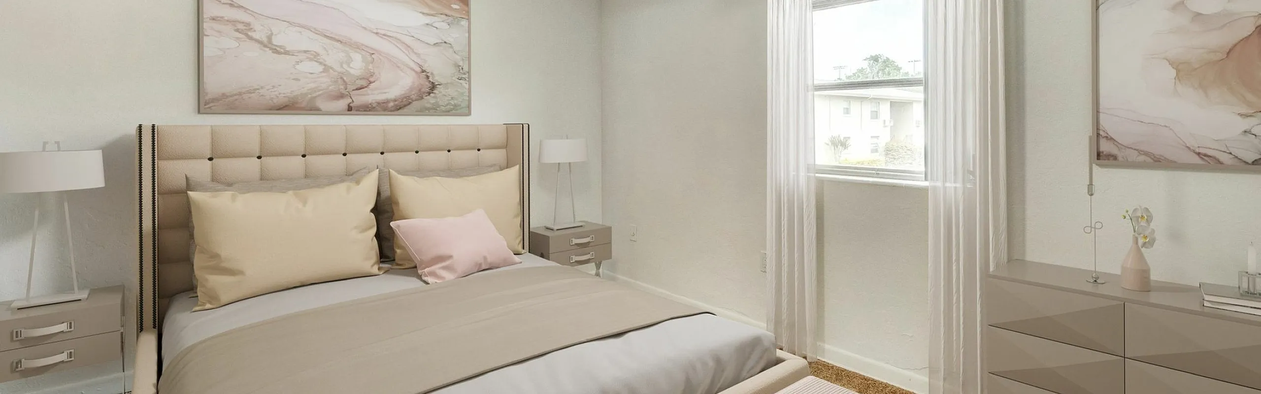 Bright and airy bedroom featuring a plush bed, elegant decor, and soft natural light from a large window.