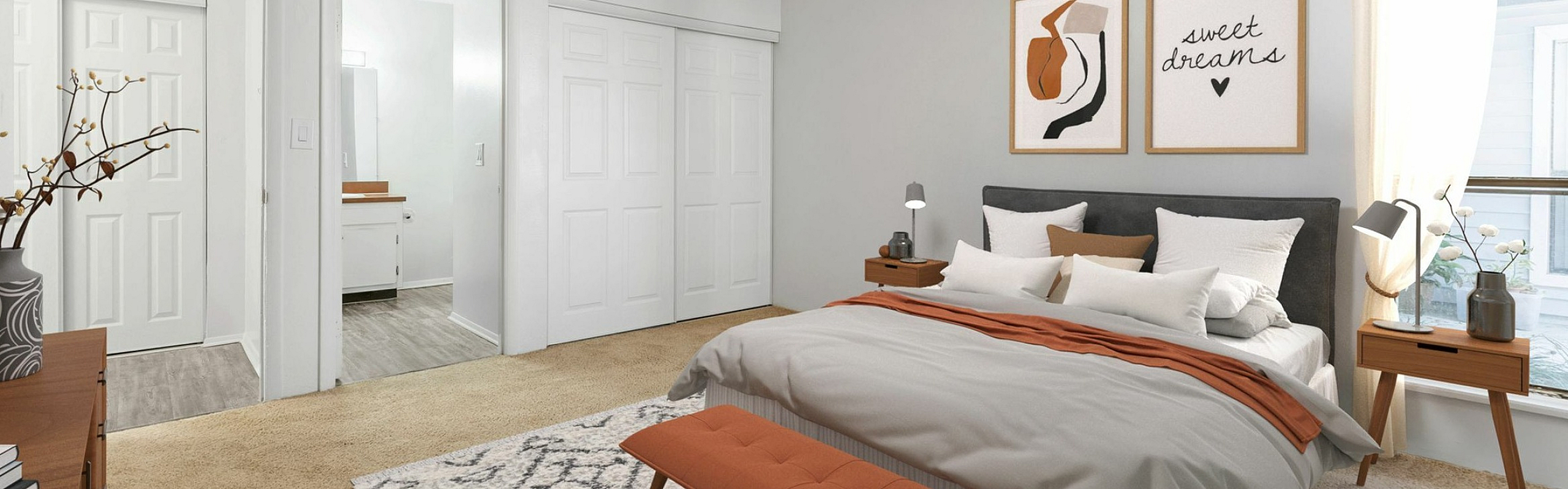 Inviting bedroom featuring elegant decor, plush bedding, and ample natural light for a serene atmosphere.