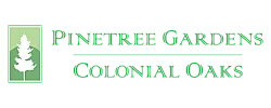 Elegant Pinetree Gardens Colonial Oaks logo with green tree silhouette on a soothing green background, offering a serene and inviting atmosphere.