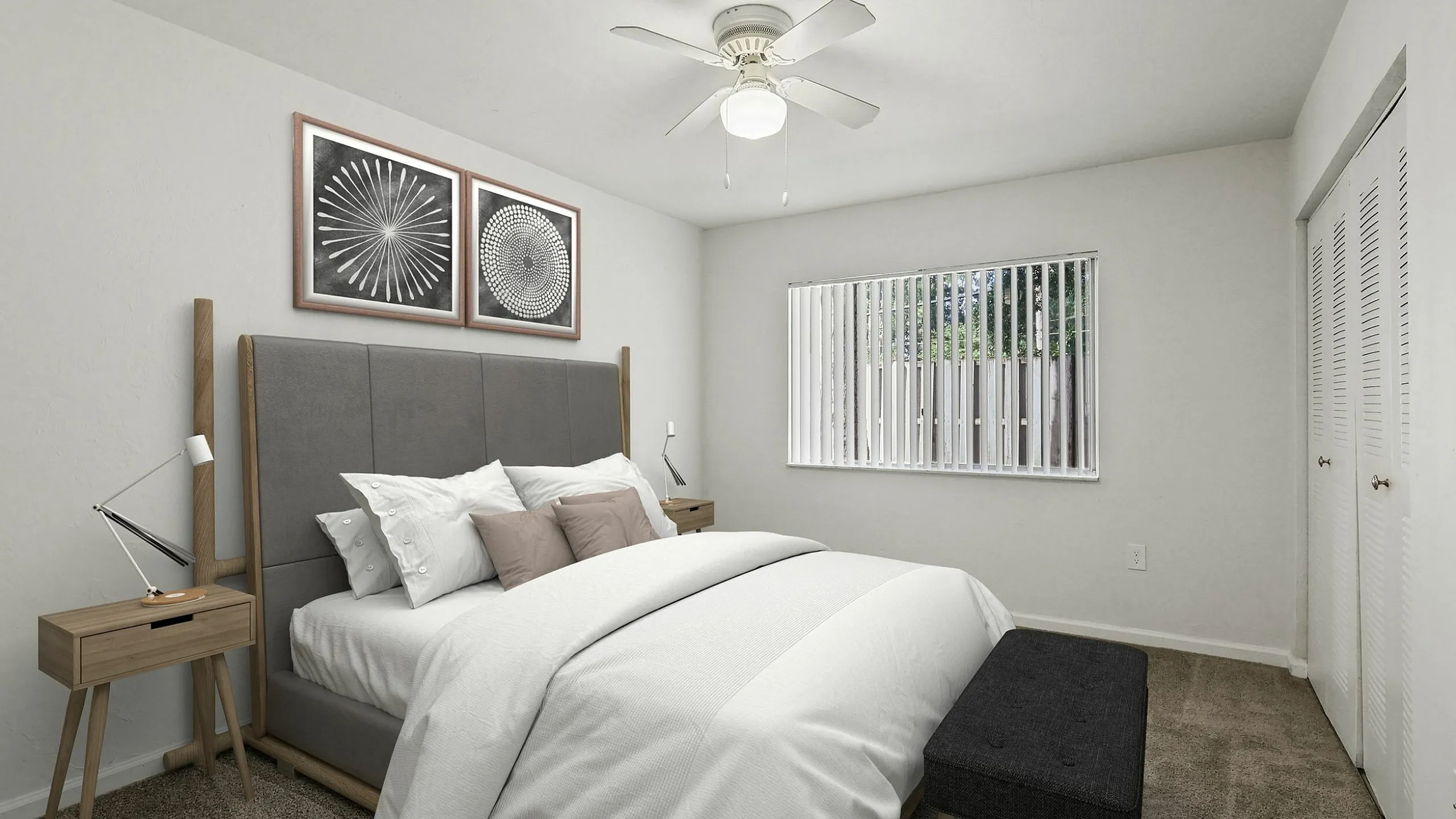 Inviting modern bedroom with a plush bed, elegant artwork, and natural light filtering through large windows.