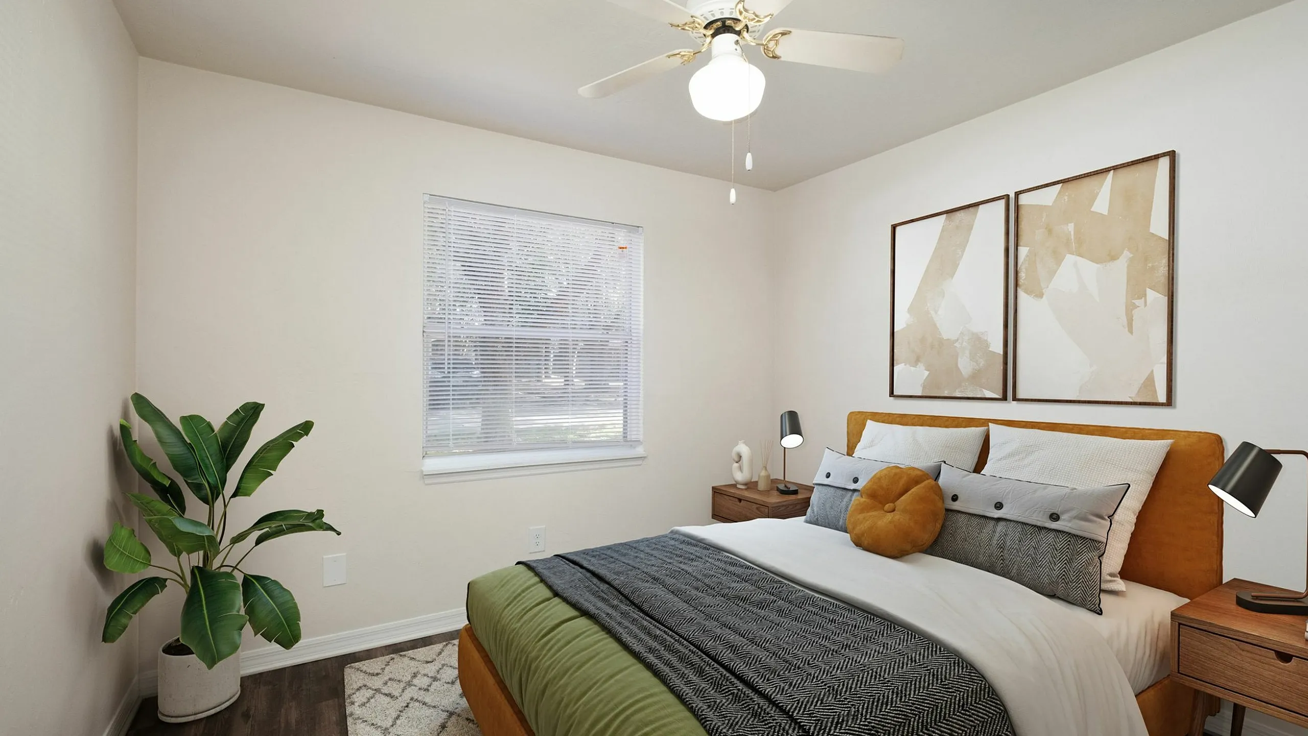 Elegant bedroom with modern decor, featuring cozy bedding, stylish artwork, and a lush potted plant for a soothing ambiance.