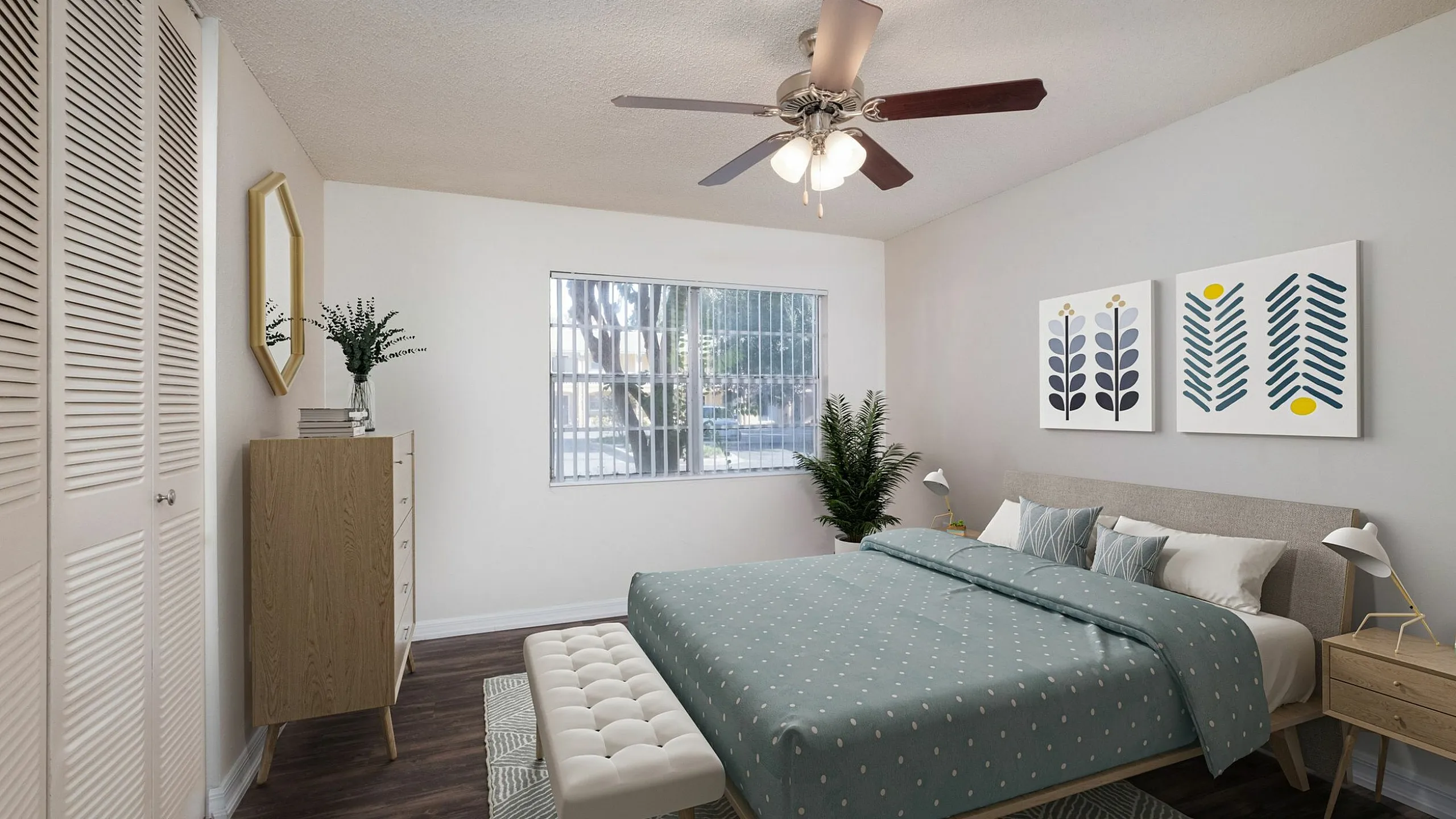 Elegant bedroom with a cozy double bed, stylish decor, and abundant natural light, highlighting modern comfort and tranquility.
