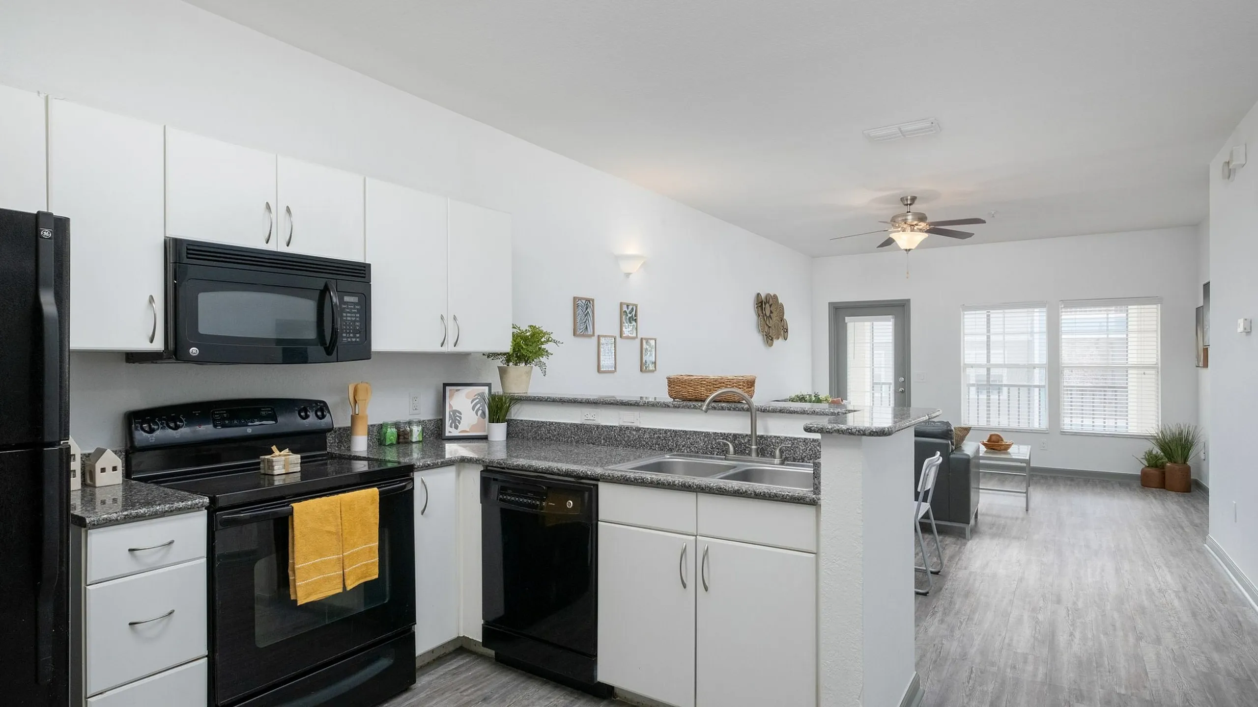 Modern open-concept kitchen with sleek black appliances, stylish countertops, and spacious living area, perfect for entertaining.