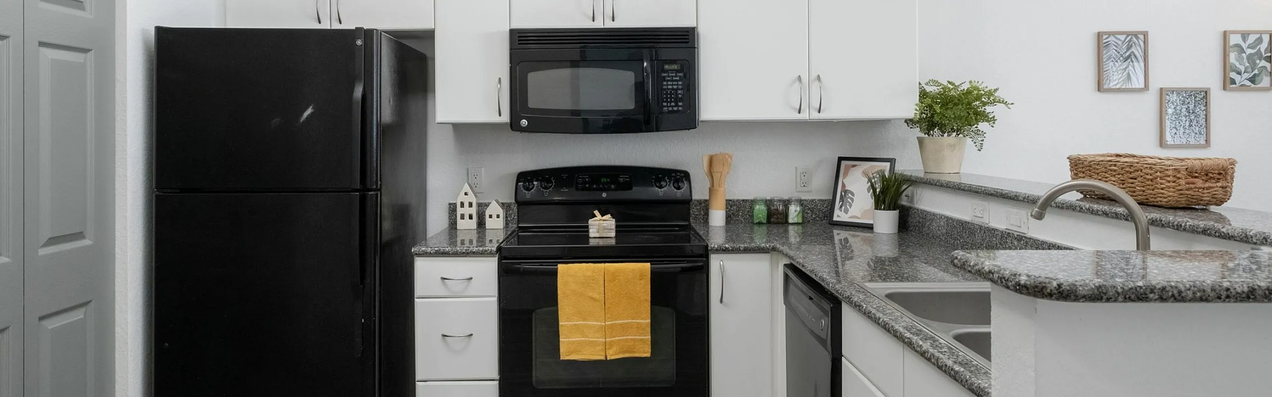 Modern kitchen with sleek black appliances, granite countertops, and stylish white cabinetry, enhanced by decorative wall art and greenery for a fresh, inviting atmosphere.