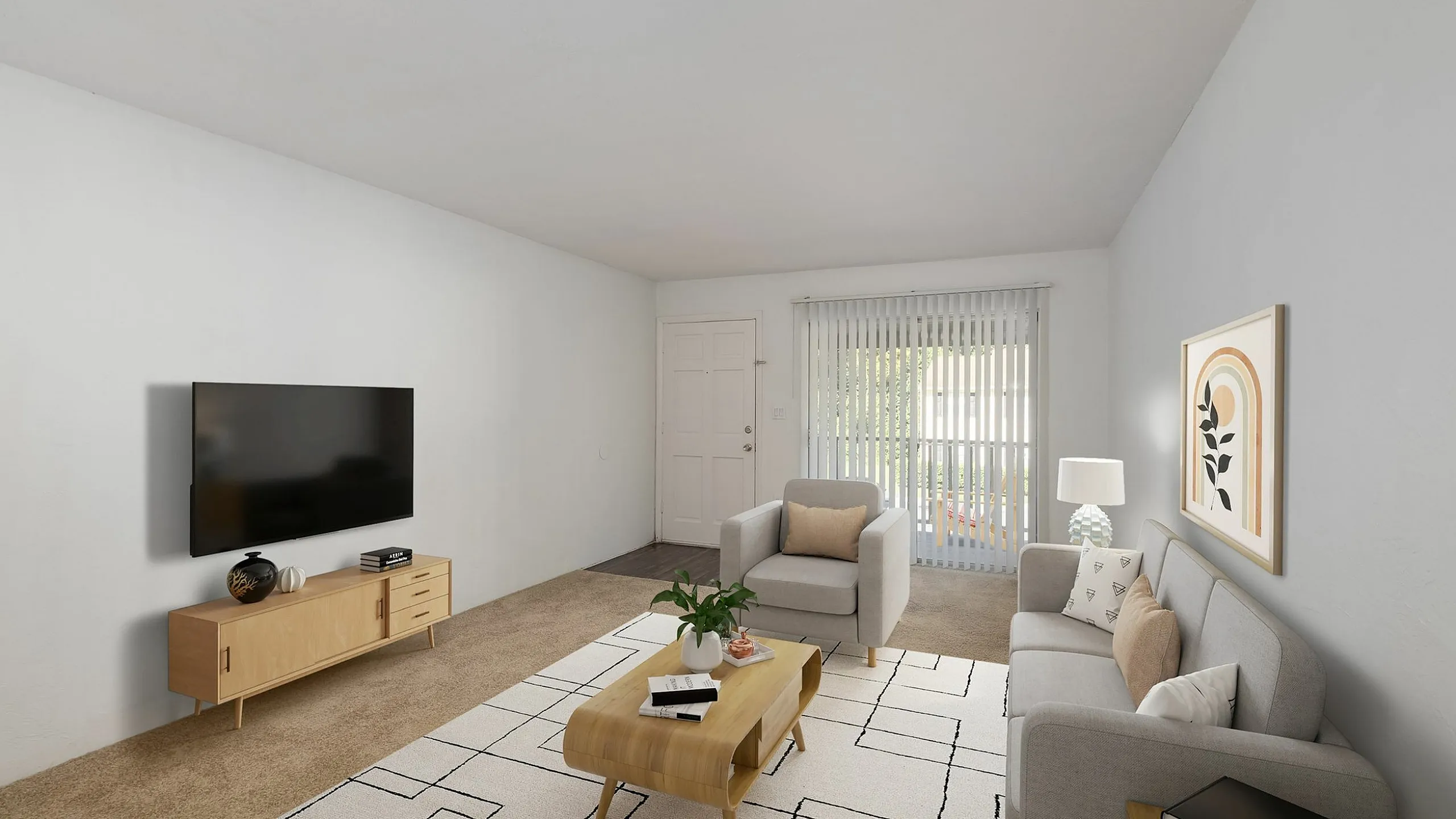 Bright and welcoming living room with modern furniture, large flat-screen TV, and natural light streaming through vertical blinds.