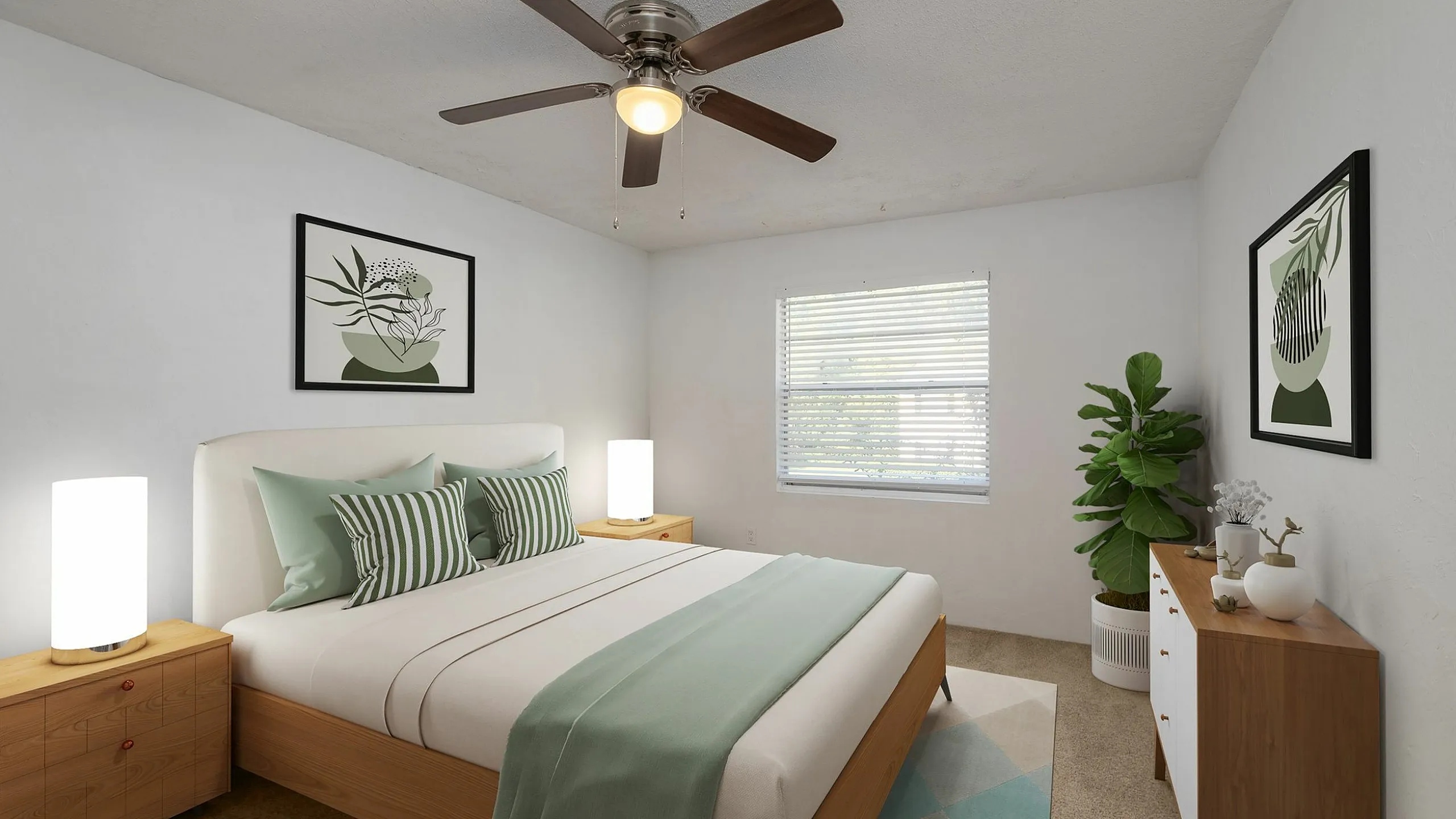 Cozy bedroom with modern decor, featuring a plush bed with mint accents, stylish artwork, and warm lighting.