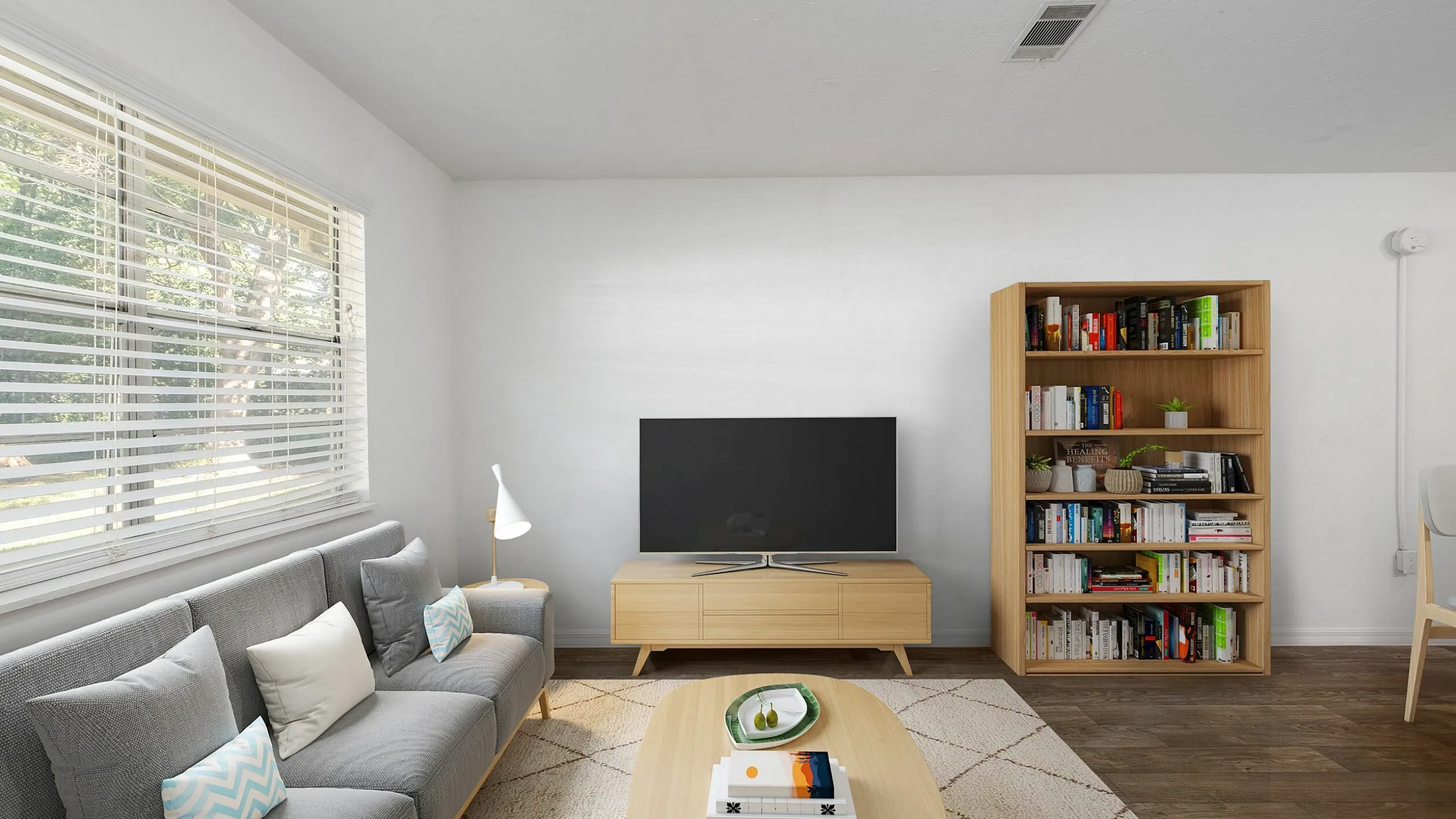Modern living room with a gray sofa, stylish bookshelf, and large flat-screen TV, bathed in natural light from a wide window.