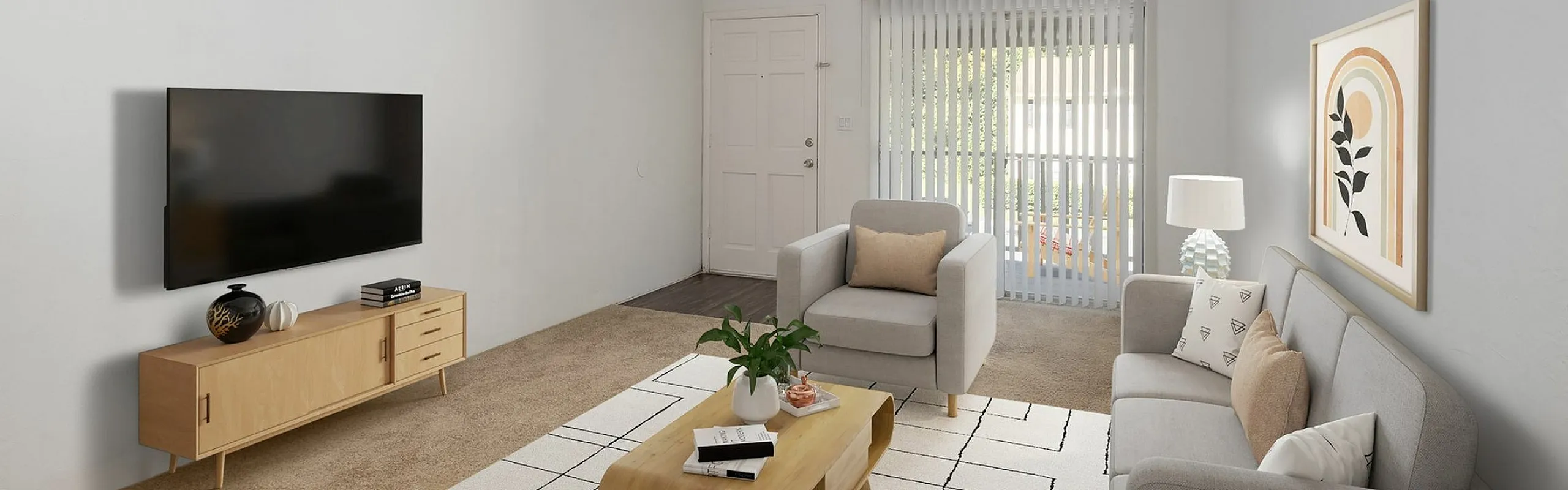 Modern living room with sleek furniture, wall-mounted TV, and natural light through stylish vertical blinds.