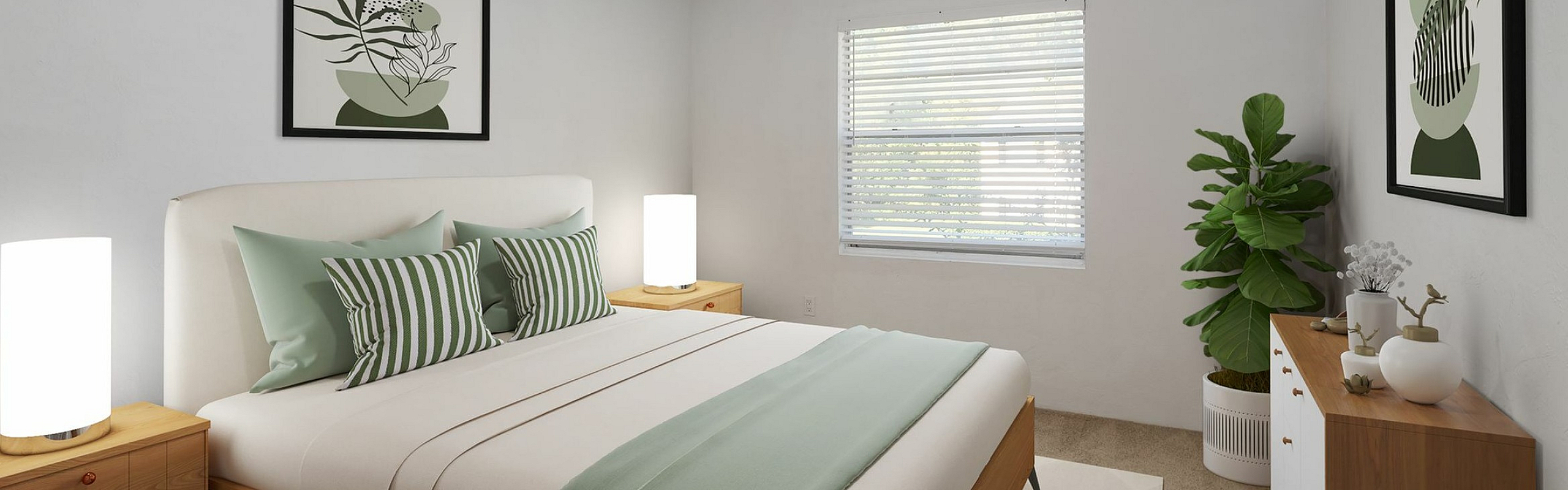 Chic bedroom featuring a modern ceiling fan, stylish art, and a cozy bed with mint green accents, complemented by a large leafy plant enhancing the calming ambiance.