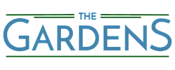Elegant logo for 'The Gardens' featuring modern blue and green typography.
