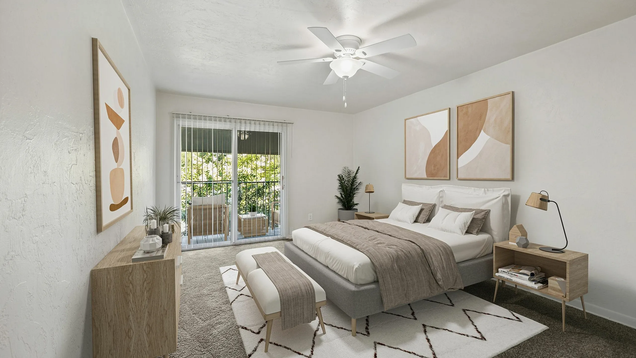 Elegant bedroom with modern decor, featuring a cozy queen-sized bed, chic wooden furniture, and a serene balcony view with lush greenery.