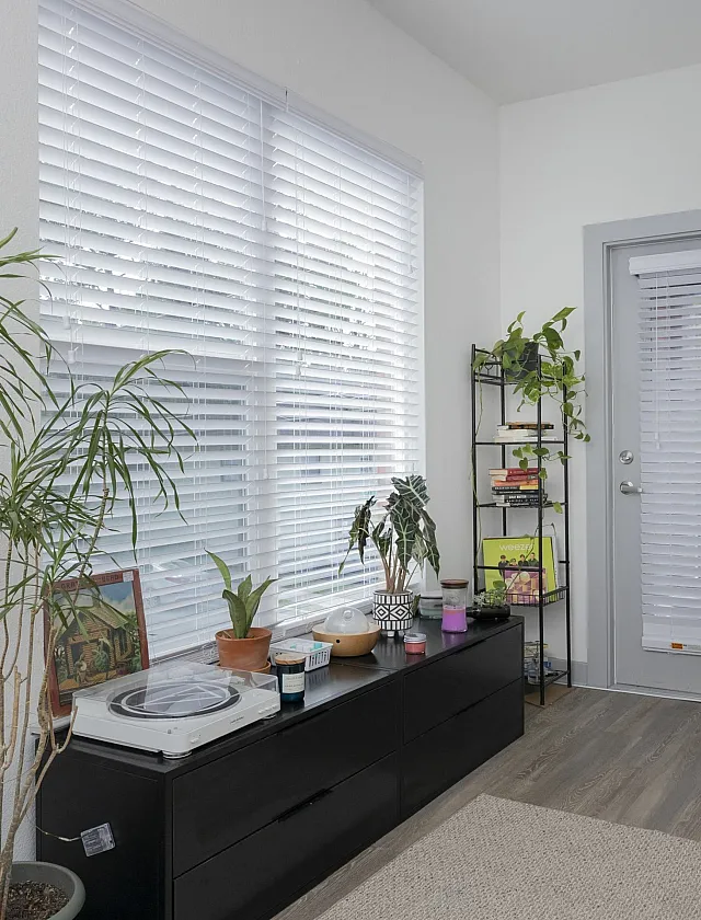 Bright corner nook with large windows, indoor plants, and a cozy vibe, perfect for relaxation and reading.
