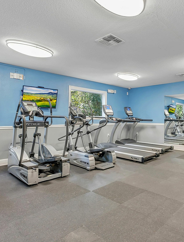 Bright and modern apartment gym with state-of-the-art fitness equipment, including treadmills and weight machines, surrounded by large windows and mirrors for an energized workout experience.