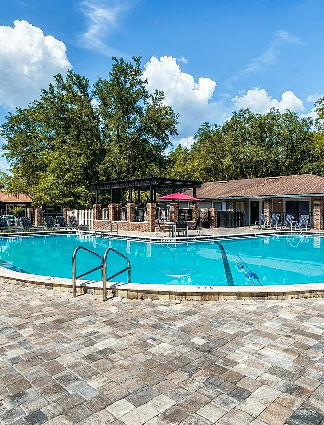 Inviting outdoor pool area with crystal-clear water, surrounded by sun loungers and vibrant greenery, perfect for relaxation on a bright sunny day.