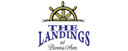 Elegant logo featuring a golden ship wheel with bold, blue text reading 'The Landings at Bivens Arm', exuding a nautical charm.