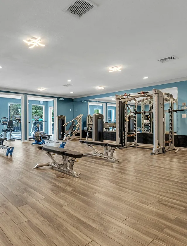Modern fitness center with state-of-the-art equipment and floor-to-ceiling windows providing abundant natural light.