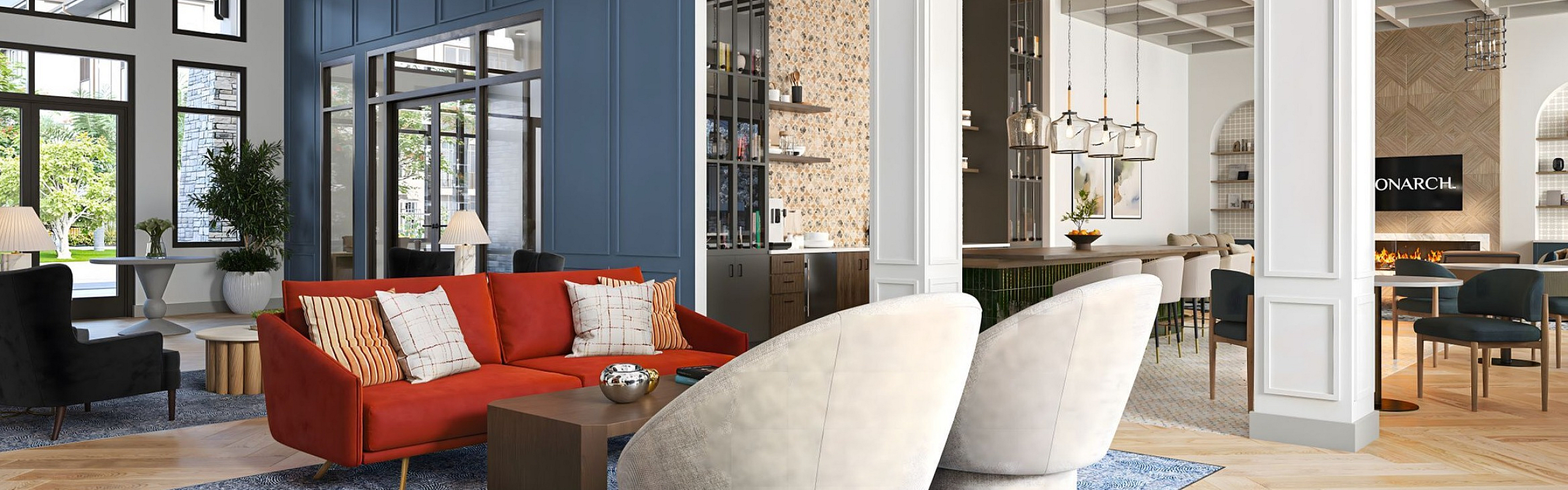 Luxurious open-concept living space featuring modern furniture, elegant lighting, and stylish decor with a vibrant ambiance.
