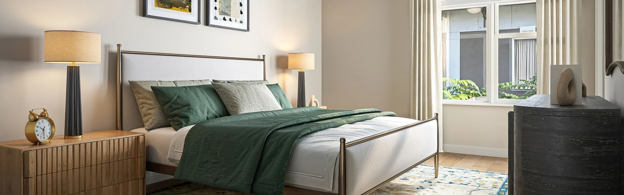 Inviting bedroom with elegant decor, featuring a plush bed, stylish bedside tables, and large window with natural light.