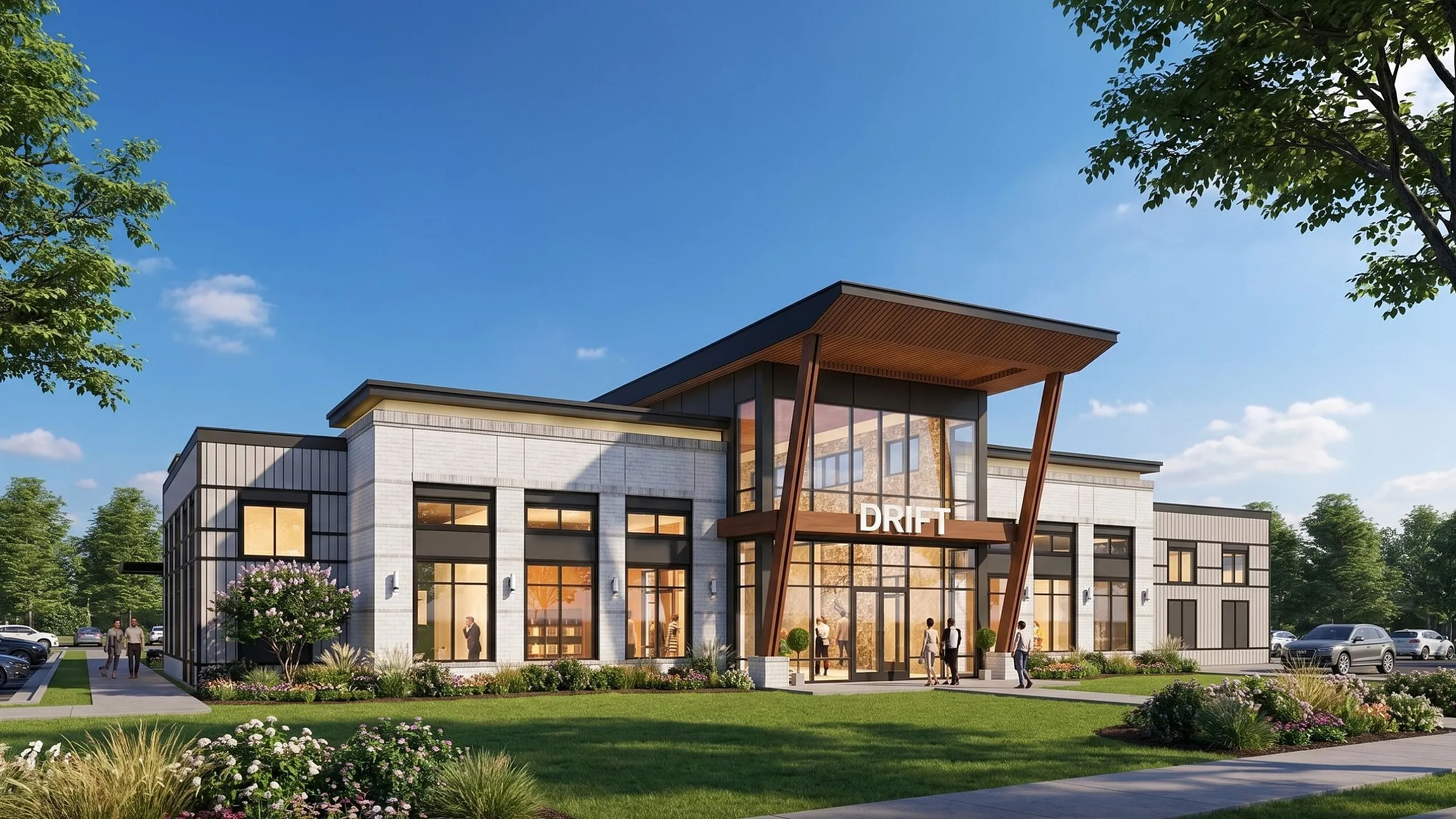 Modern community center with sleek architecture and lush landscaping under a clear blue sky.