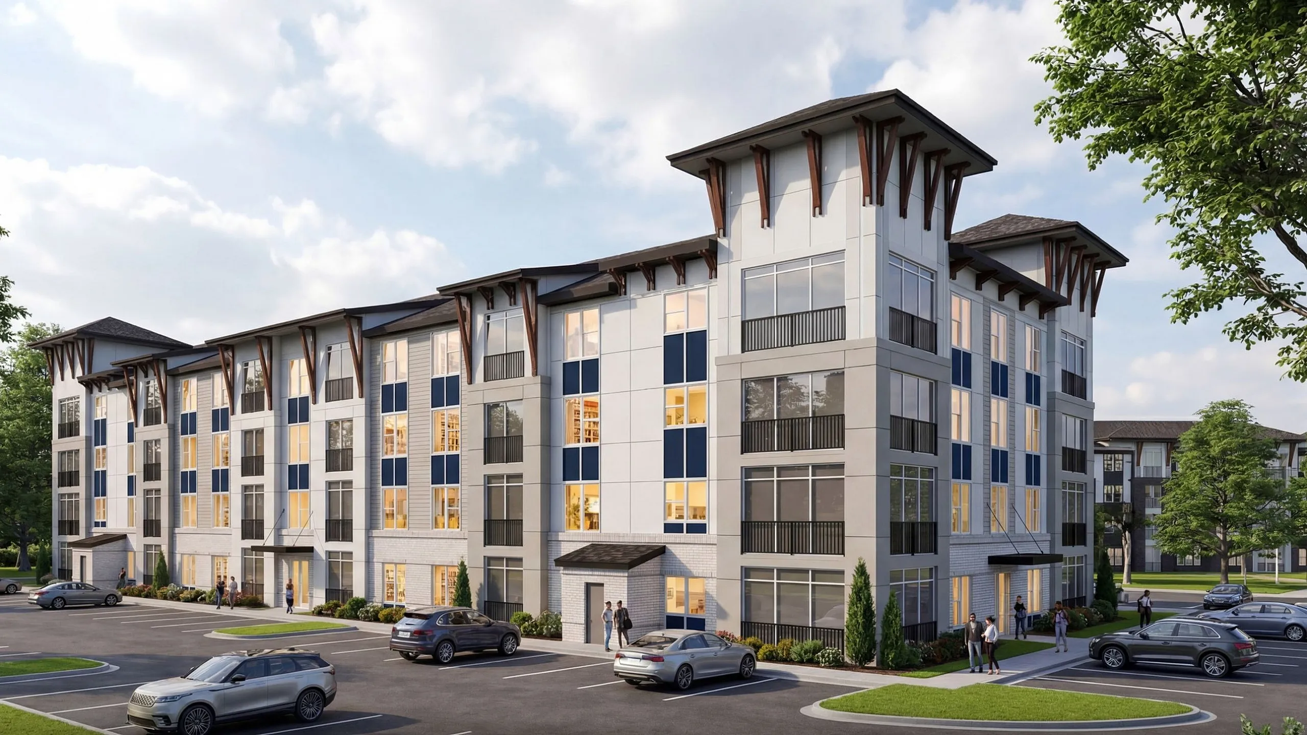 Modern apartment complex with sleek architecture and ample natural light, surrounded by lush greenery and ample parking.