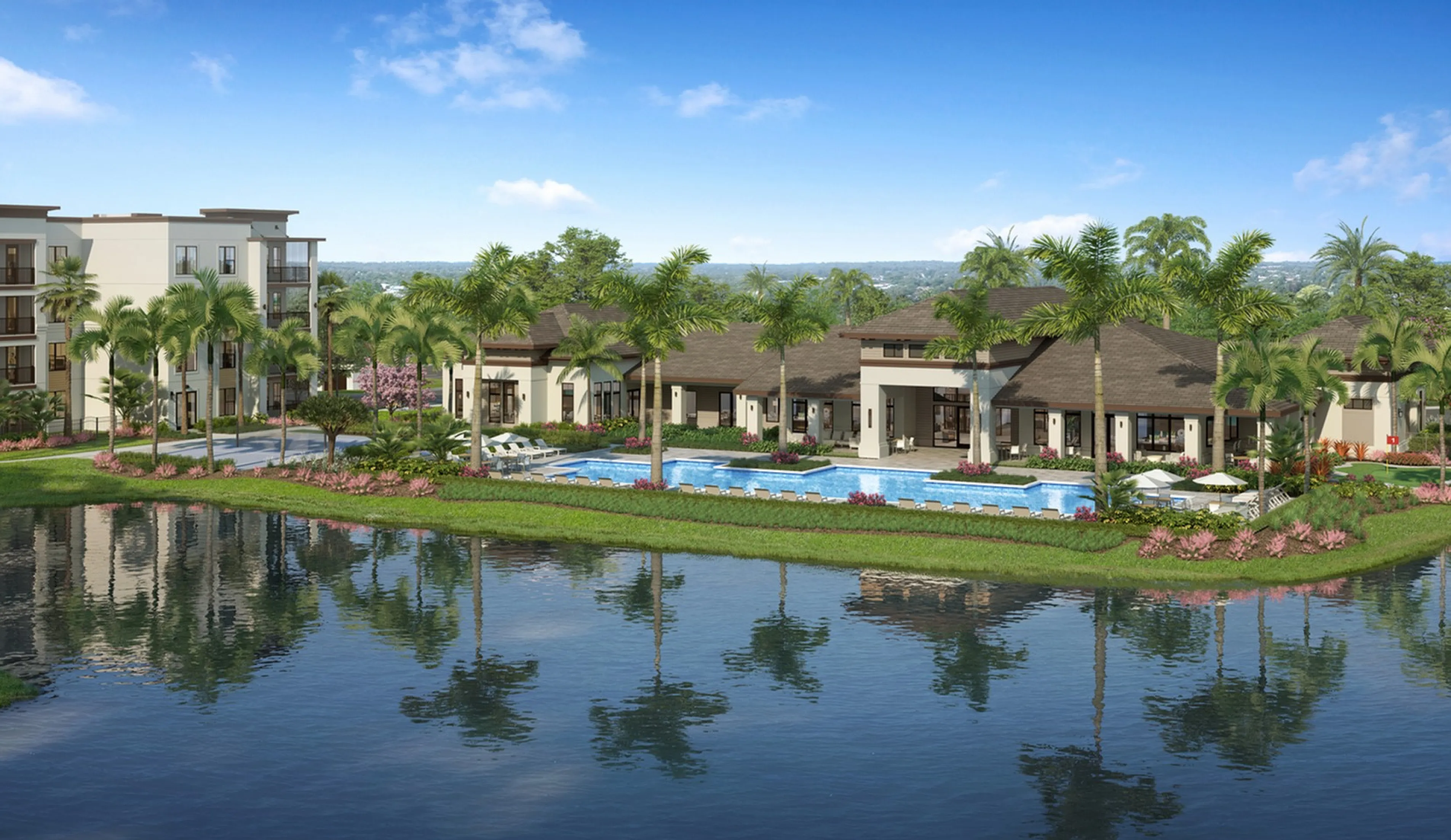 Luxurious tropical apartment complex with serene lake views, sparkling swimming pool, and lush palm trees under a bright blue sky.