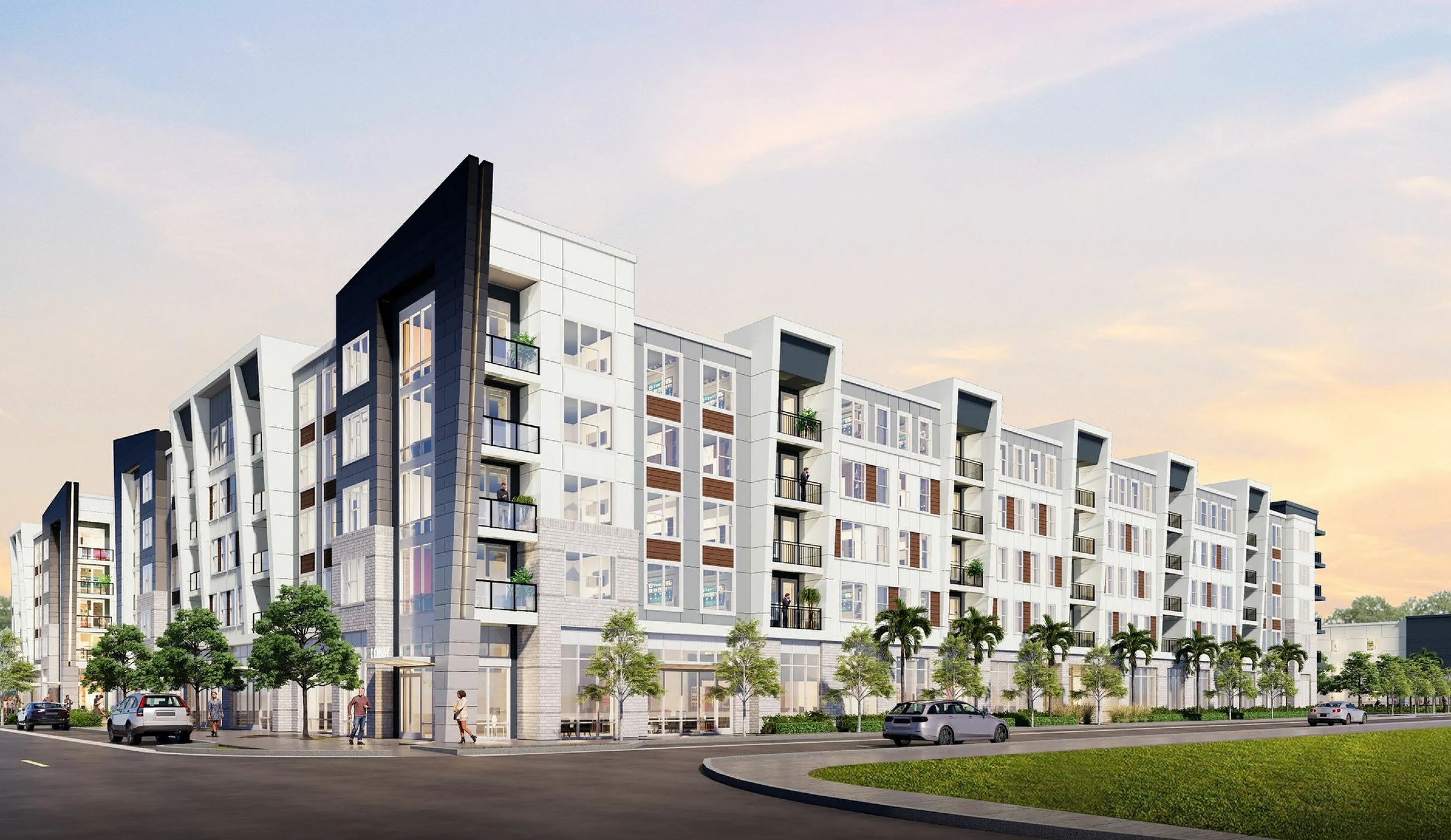 Modern luxury apartment complex with sleek architecture and lush landscaping under a picturesque sky.