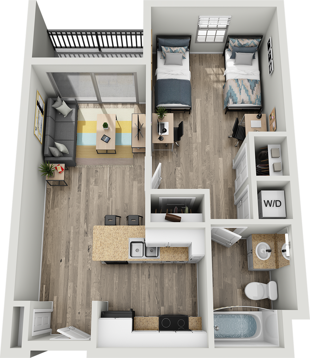 Modern 2D apartment floor plan showcasing a cozy living area with a balcony, two bedrooms, an open kitchen with an island, and a stylish bathroom.