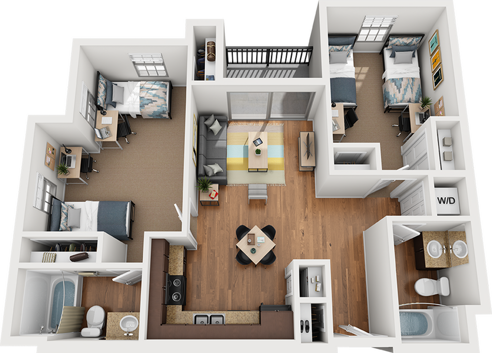 Modern 3D floor plan showcasing 3 cozy bedrooms, open living and dining area, with a stylish kitchen and two bathrooms, perfect for family living.