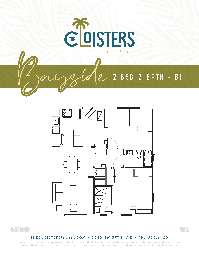 Bayside floor plan of The Cloisters Miami featuring 2 bedrooms, 2 bathrooms, modern kitchen, and inviting living area.