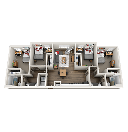 Elegant 3D floor plan showcasing 3 bedrooms, a cozy living area, and a modern kitchen with dining space.