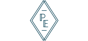 Elegant logo design featuring a geometric diamond shape framing the initials P and E.