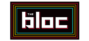 Vibrant logo design for 'The Bloc' with bold typography and colorful, geometric borders.
