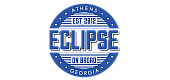 Vintage-style logo for 'Eclipse on Broad' in Athens, Georgia, established in 2012, featuring bold blue and white design.