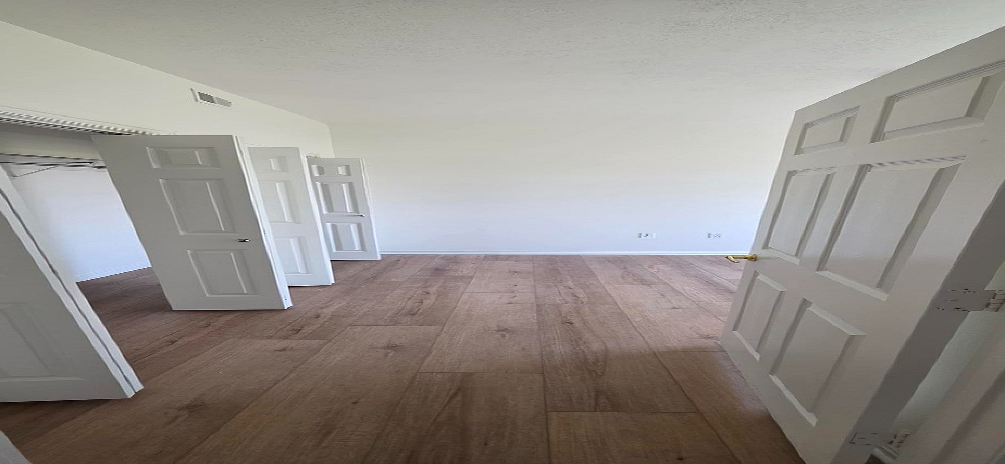 Bright and inviting bedroom with elegant wood flooring and ample closet space.