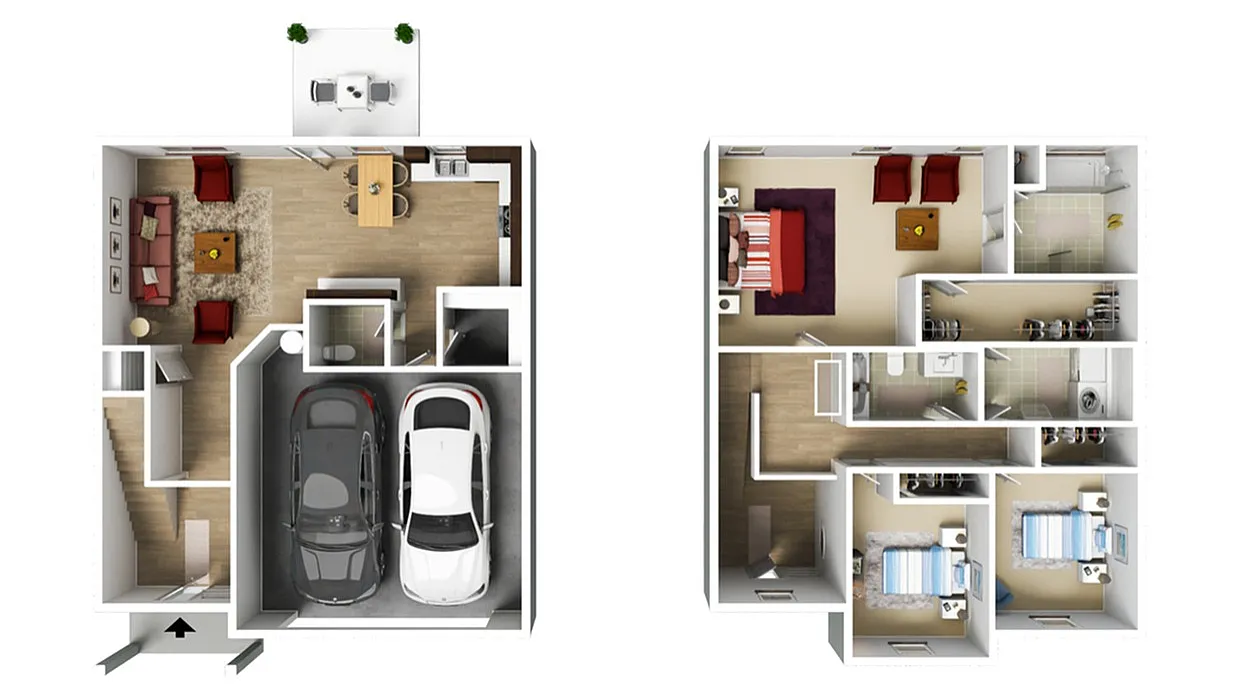 Modern 2D floor plan showcasing a spacious two-story layout with a dual car garage, welcoming living area, stylish kitchen, and three cozy bedrooms.