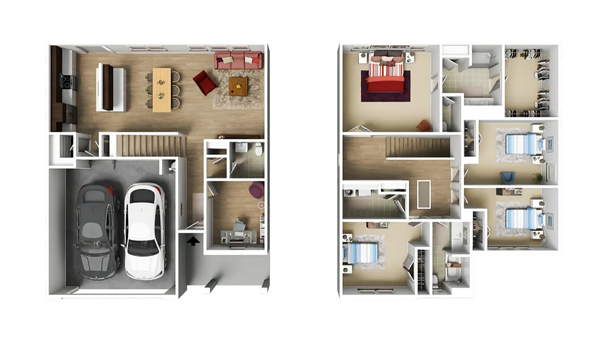 Contemporary 2D floor plan showcasing spacious 3-bedroom layout with elegant living and dining areas, garage for two cars, and ample storage space.