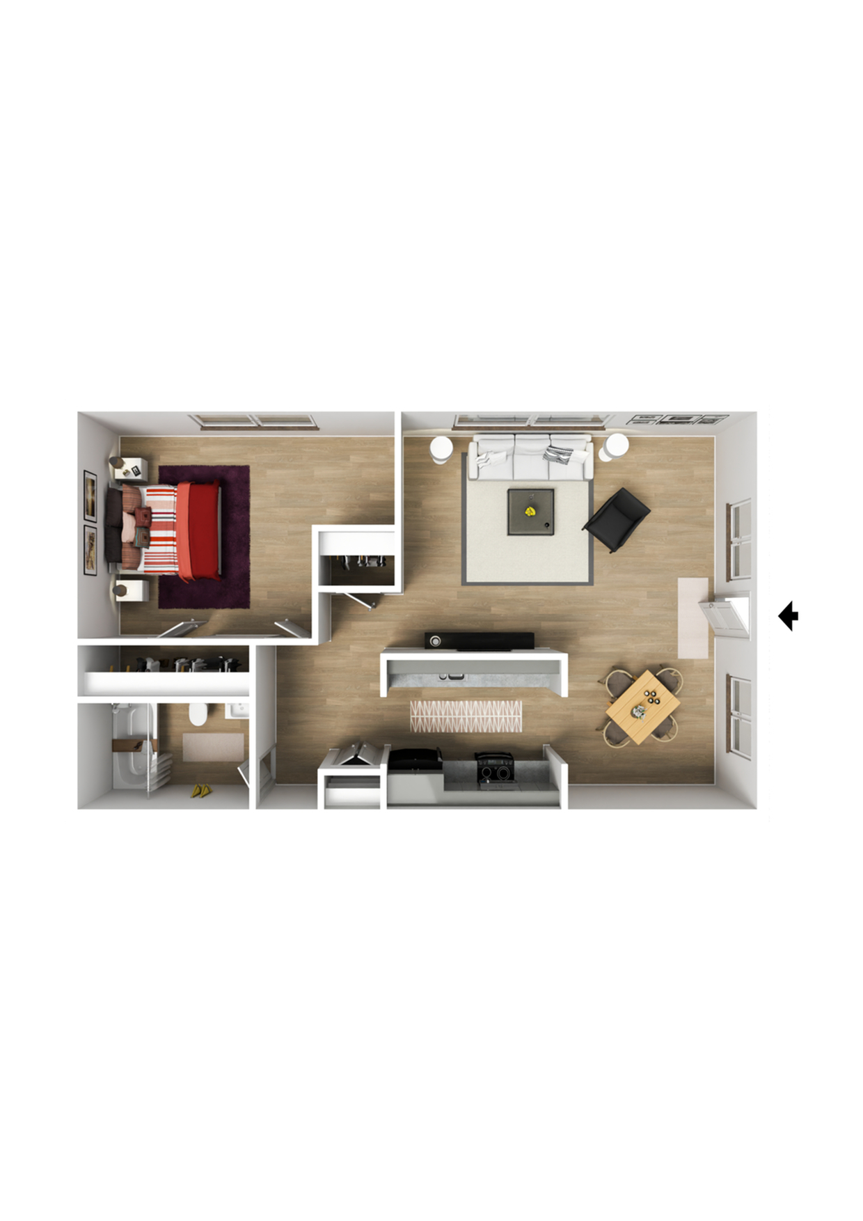 Modern 3D floor plan showcasing a sleek one-bedroom apartment with open-concept living room, stylish kitchen, and elegant bathroom design.