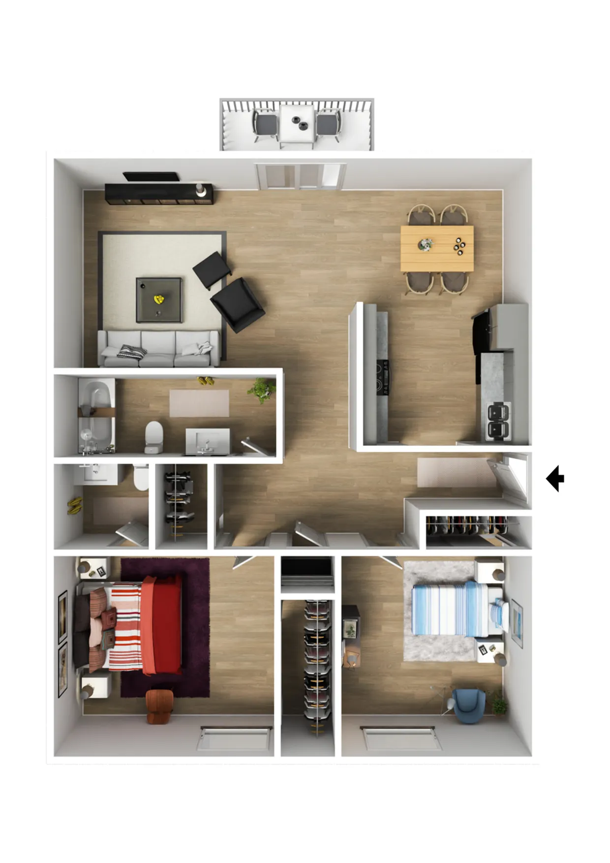 Chic 3D floor plan showcasing two bedrooms, a modern kitchen, and an open living-dining area with a cozy balcony.