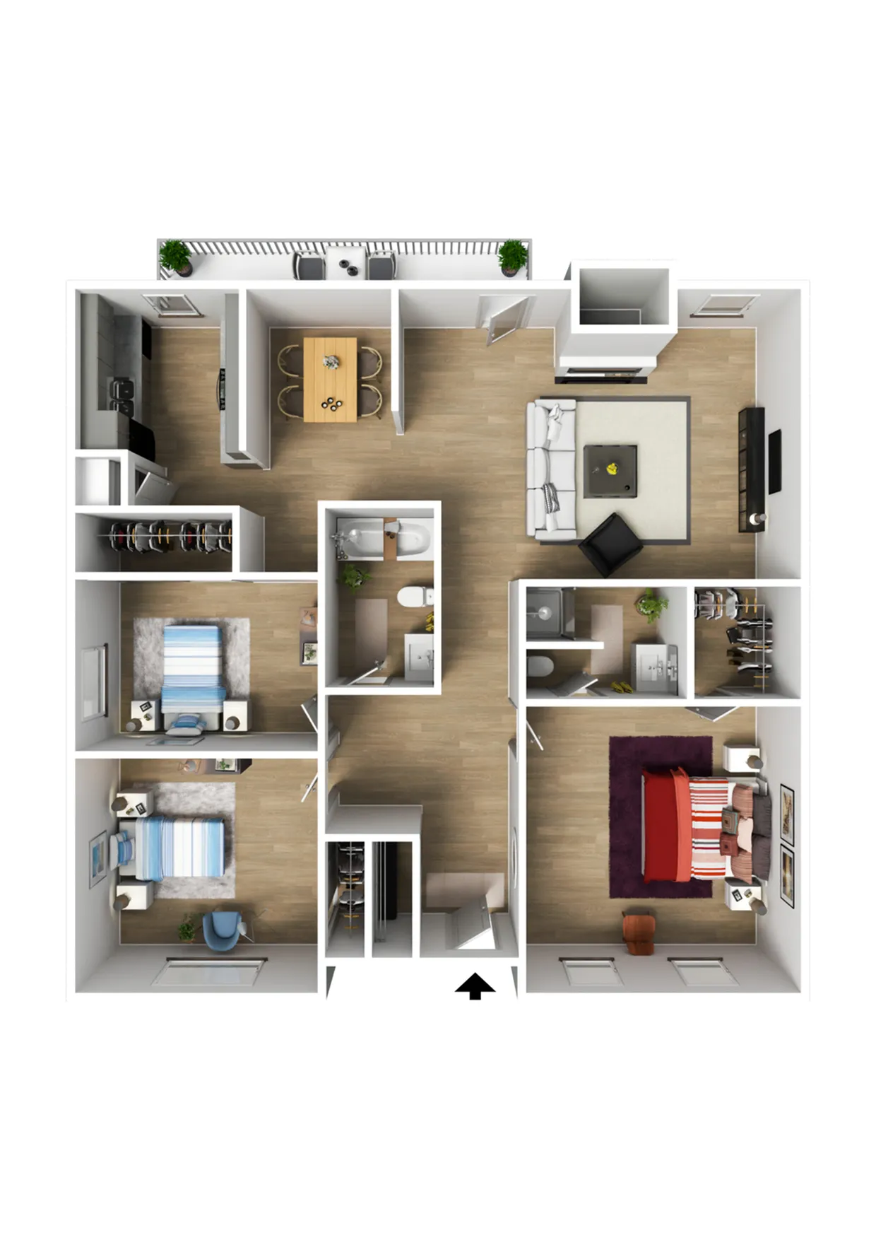 Inviting 3D floor plan showcasing three bedrooms, a modern living area, stylish kitchen, and a balcony with seating.