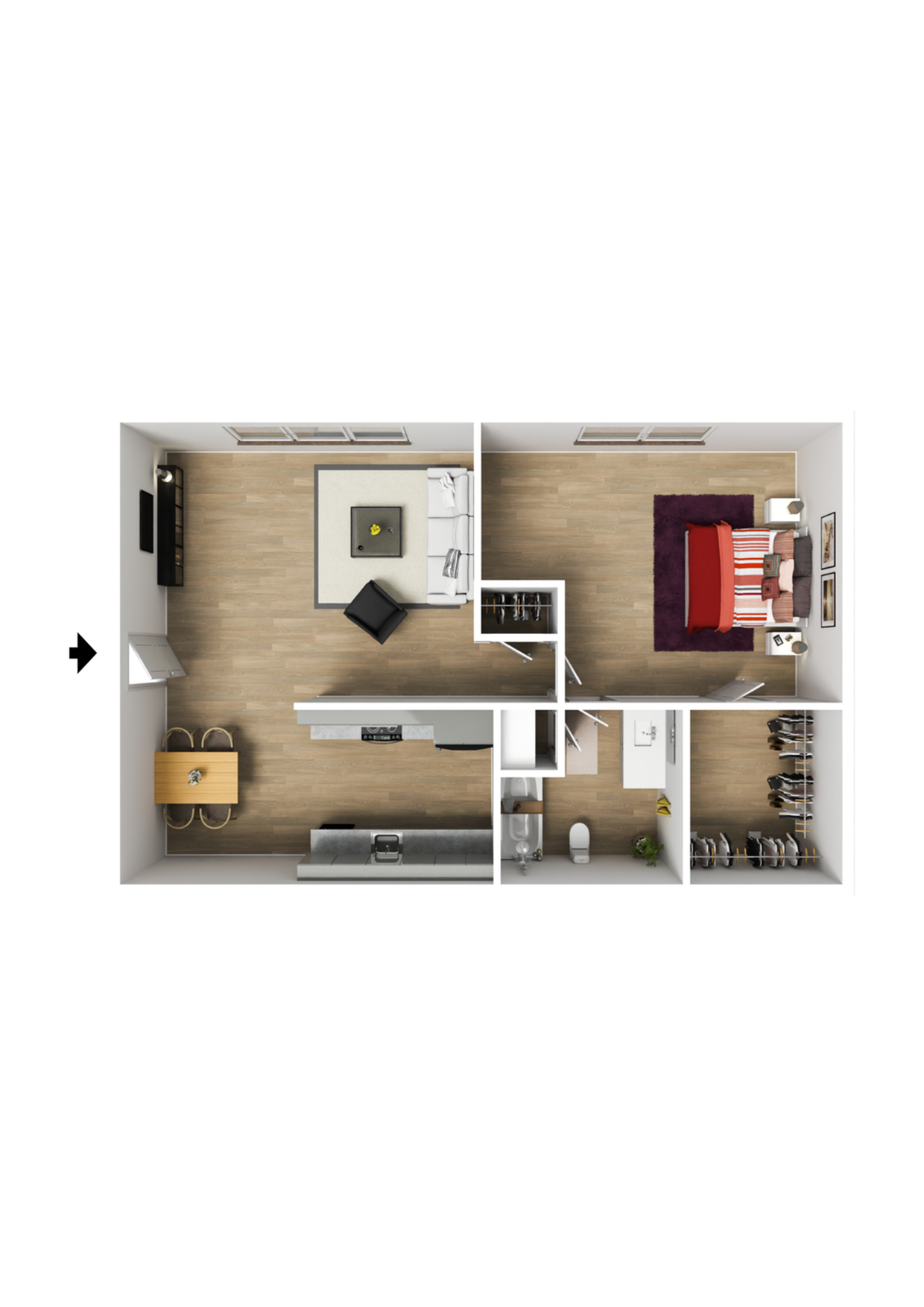 Modern 1-bedroom apartment floor plan featuring an open-concept living and dining area, sleek kitchen, spacious bathroom, and ample closet space.