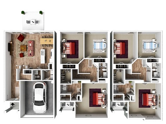 Modern 3D floor plan featuring 4 spacious bedrooms, a cozy living area, and open kitchen layout with attached garage.