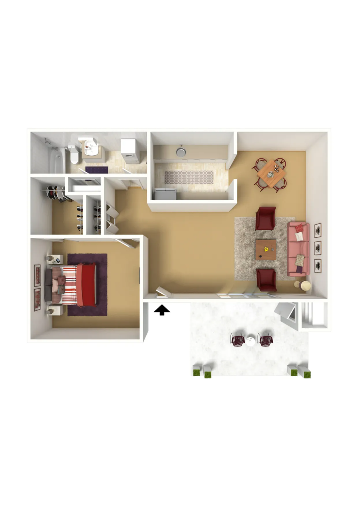 Cozy 1-bedroom floor plan featuring a modern living area, compact kitchen, and outdoor patio space.