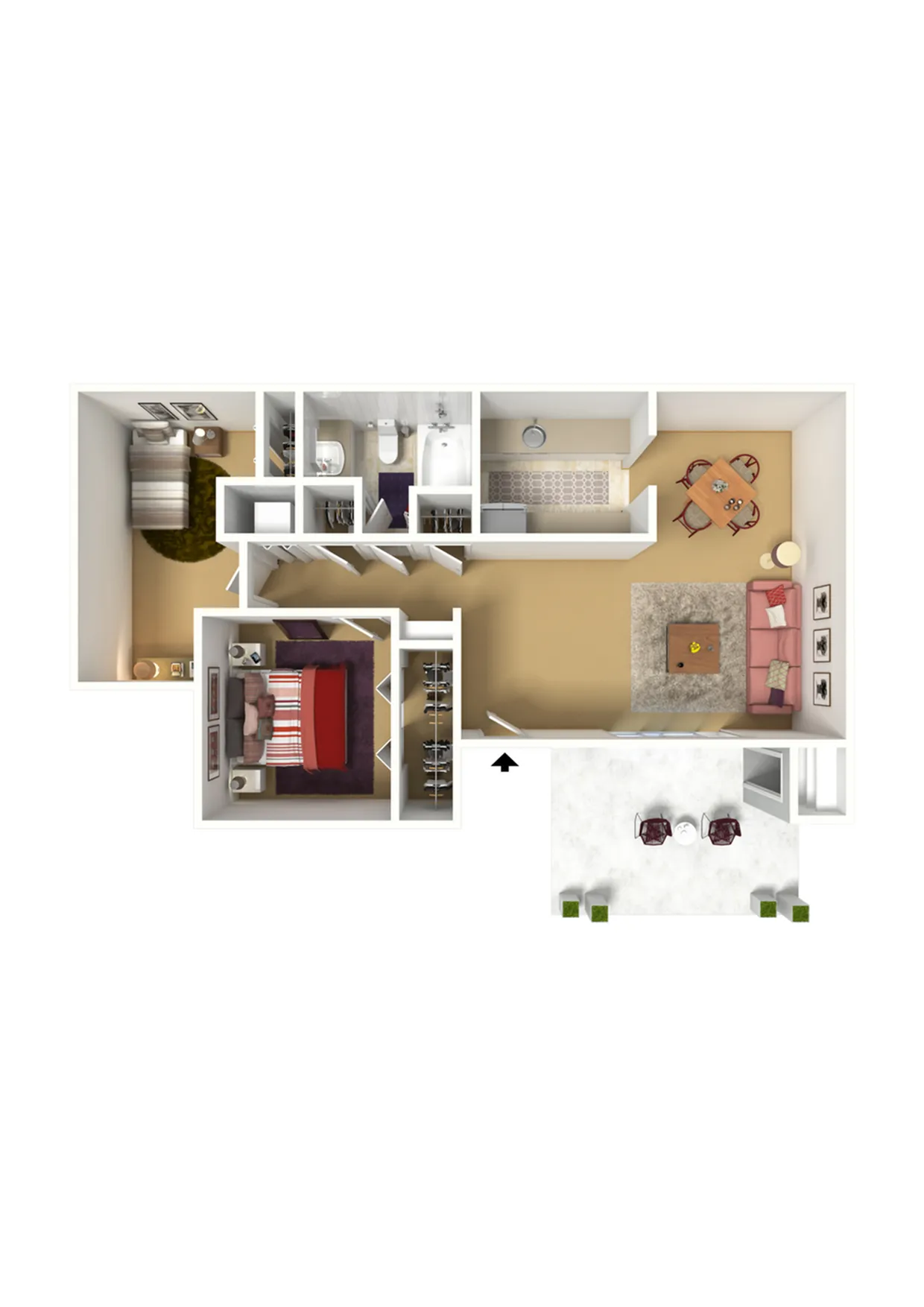 Chic 3D floor plan showcasing 1 bedroom, cozy living room, modern kitchen, and elegant dining area with patio access.
