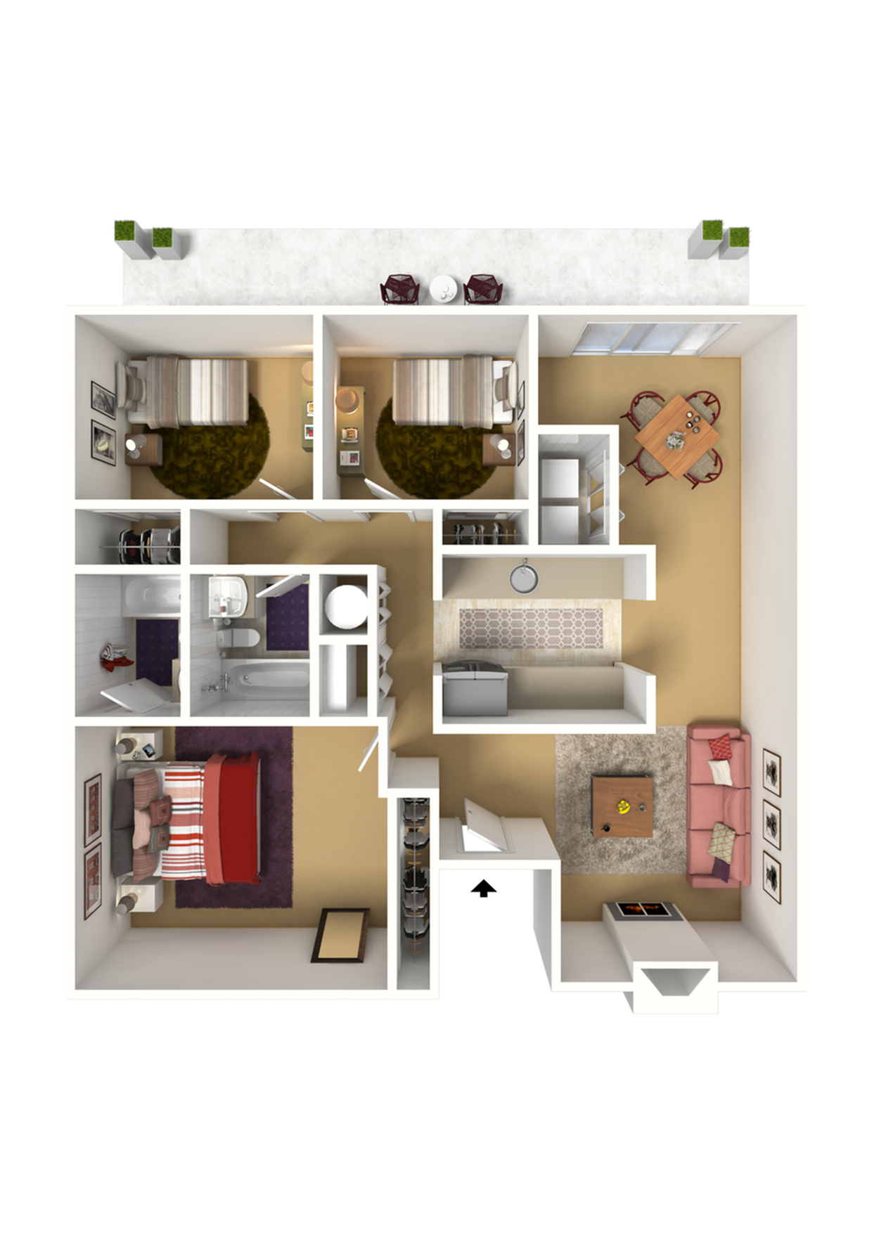 Elegant 3D floor plan showcasing three spacious bedrooms, cozy living room, modern kitchen, and stylish dining area with patio access.