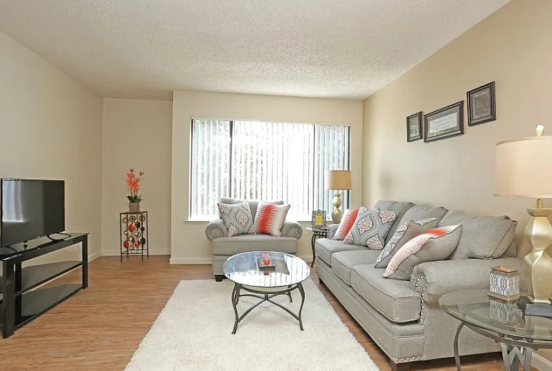 Inviting living room with elegant gray sofas, vibrant accent pillows, modern glass coffee table, and ambient lighting, ideal for relaxation and entertaining.