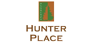 Elegant logo for Hunter Place Apartments featuring a stylized evergreen tree, exuding a sense of nature and sophistication.