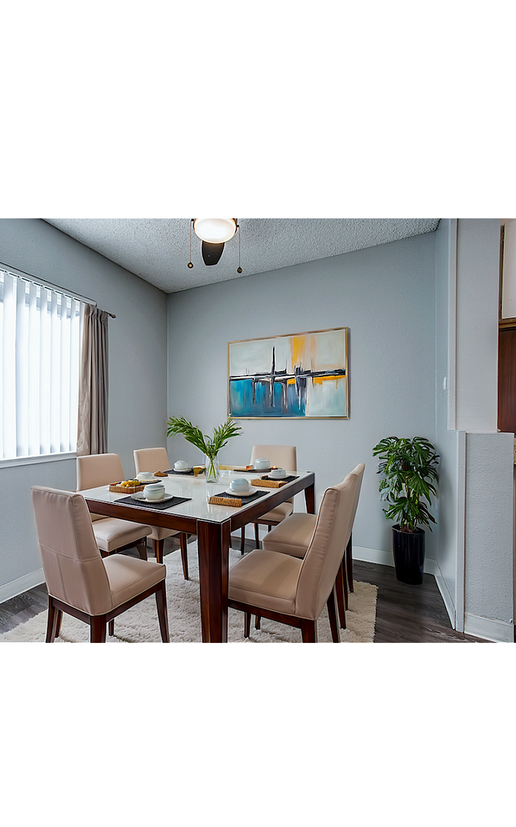 Elegantly designed dining room featuring a glass table set for six, complemented by modern art and a lush indoor plant.