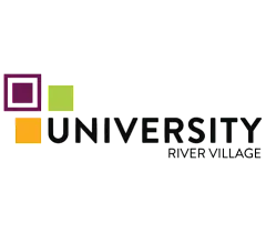 Modern logo of University River Village featuring vibrant colored squares and bold typography, reflecting a dynamic community.